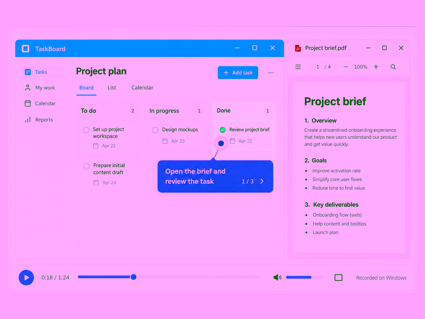 A blue TaskBoard window and Project brief PDF sit side by side in a finished player. Purple guidance connects the completed task to the brief.