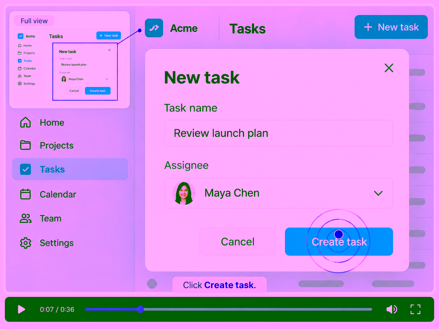 A tightly framed project app screenshot displays a large New task form with a purple click pulse over its blue Create task button. A small Full view inset at upper left shows the same screen at a wider scale.