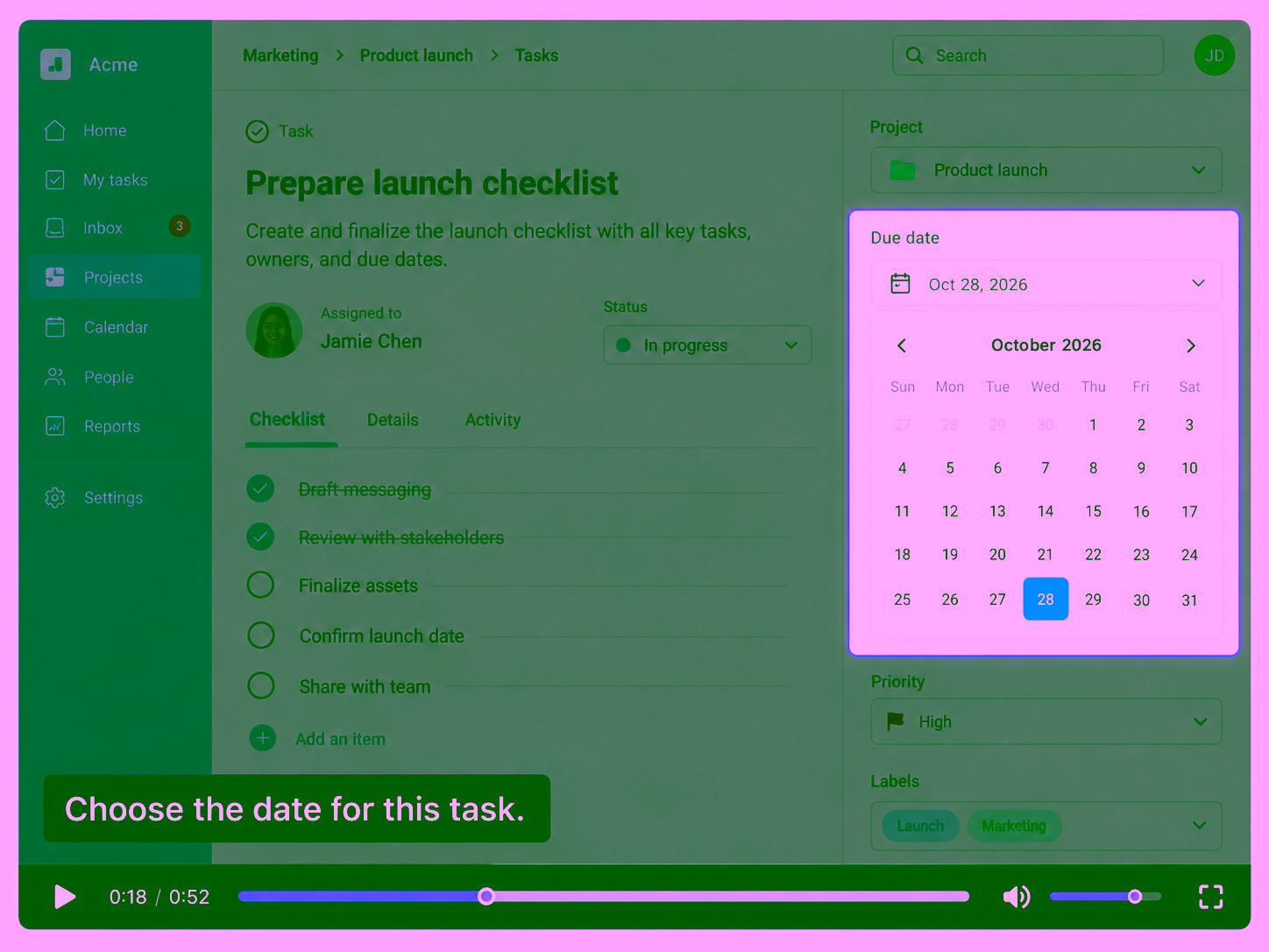 A task details screen is dimmed except for a bright Due date field and open calendar at right. A subtitle and slim video player bar complete the viewing context.