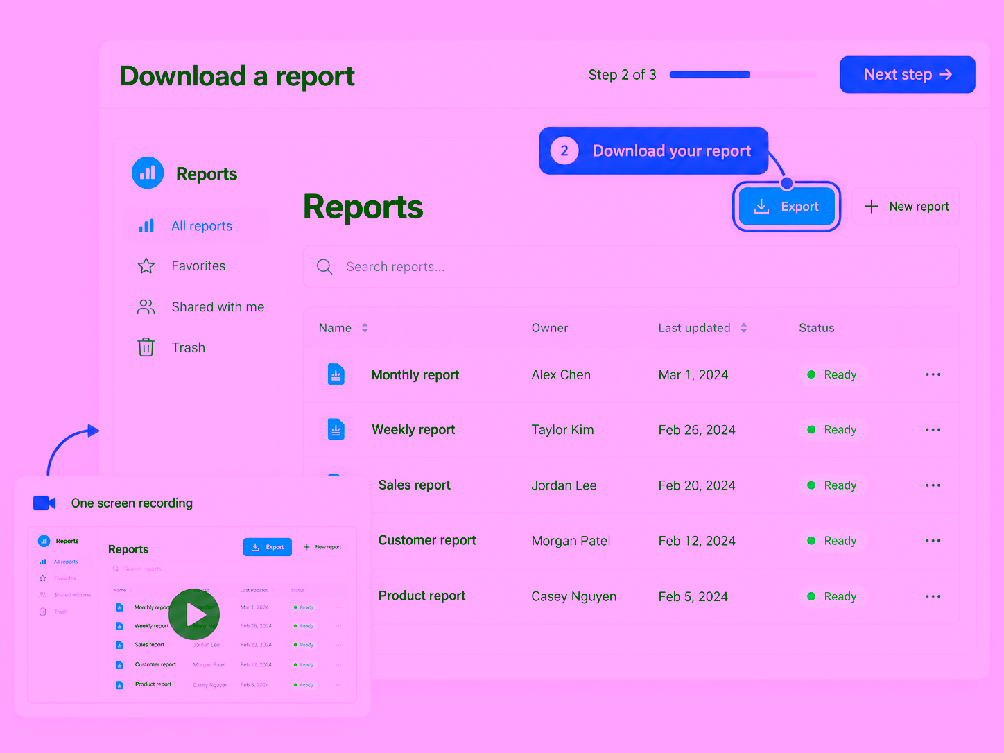 A finished Download a report guide shows a Reports app and purple instruction on the blue Export button. A small source recording overlaps the lower left.