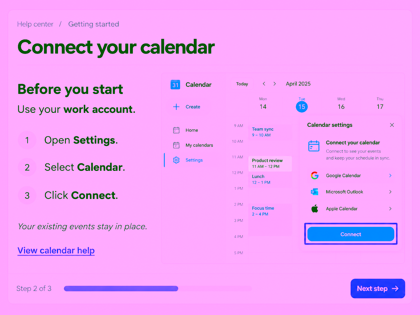 A finished help guide places bold, numbered and italic text on the left and a calendar screenshot on the right. An underlined purple resource link is visible beneath the steps.