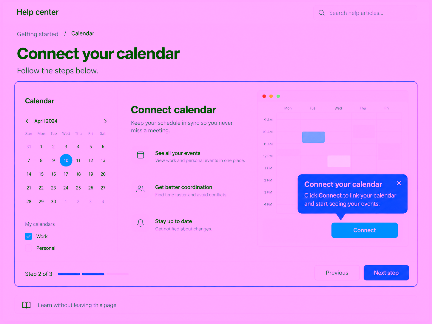 A Help center article embeds a calendar guide. The recorded calendar app uses blue/green; the guide has a purple border, callout and Next step.
