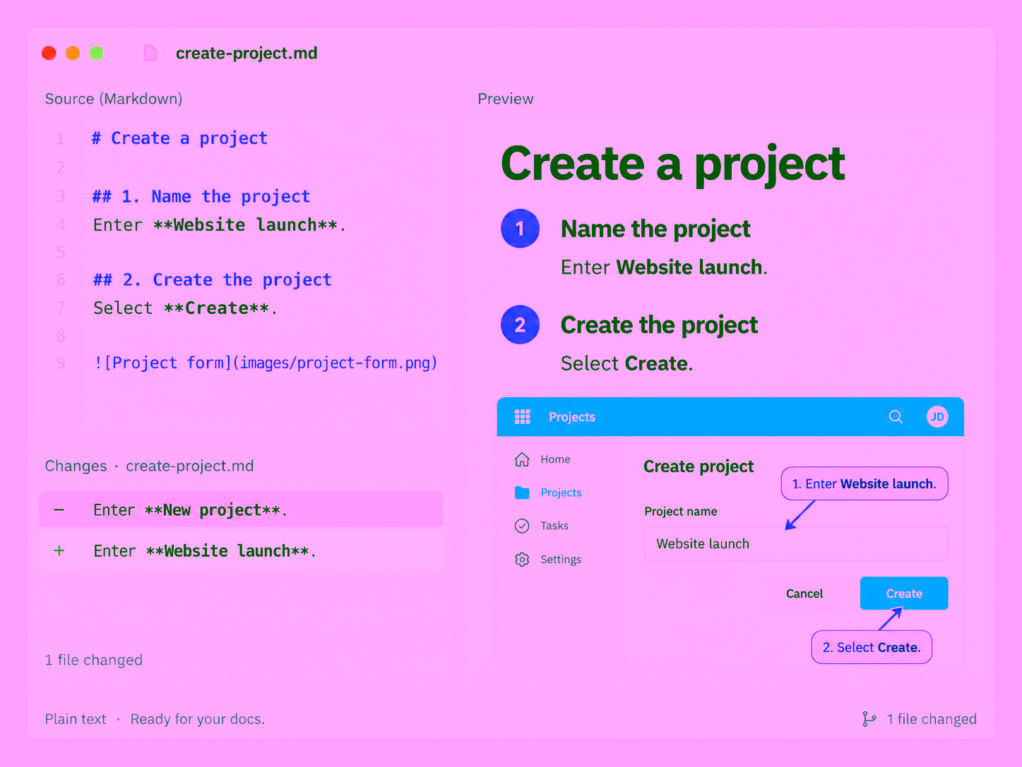 A generic documentation editor shows the exported .md source, a rendered guide preview, and a small text diff.