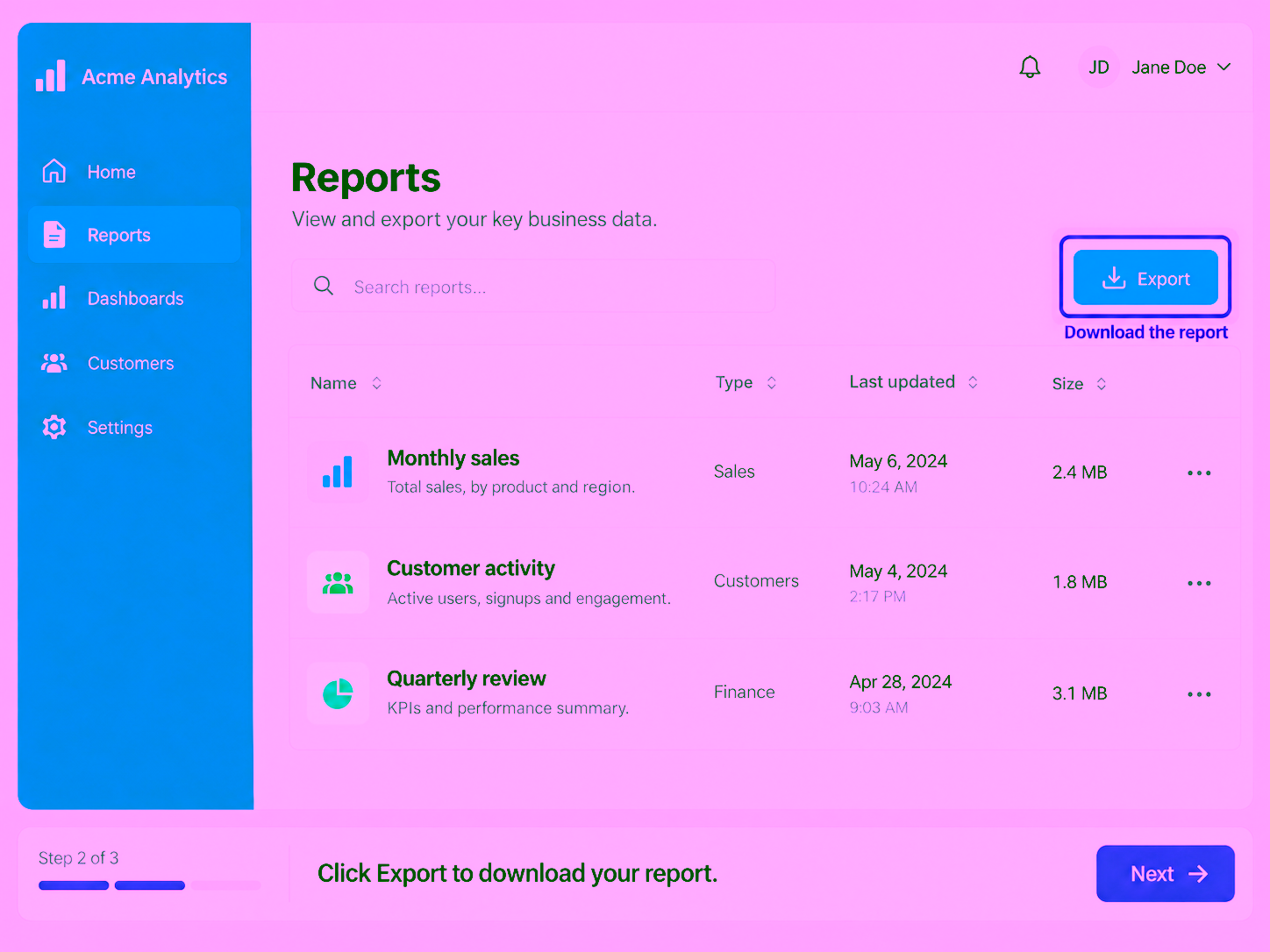 An Acme Analytics Reports page has a purple rectangular border around its blue Export button. A short annotation and a guide footer repeat the download instruction.
