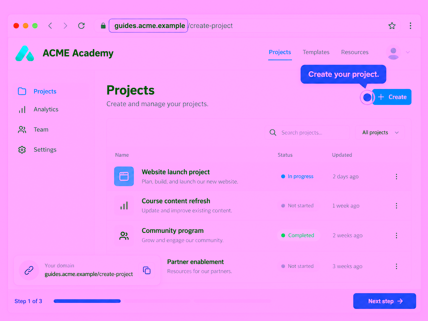 A browser displays a project walkthrough under guides.acme.example. A highlighted domain and a matching link card make the address central to the image.
