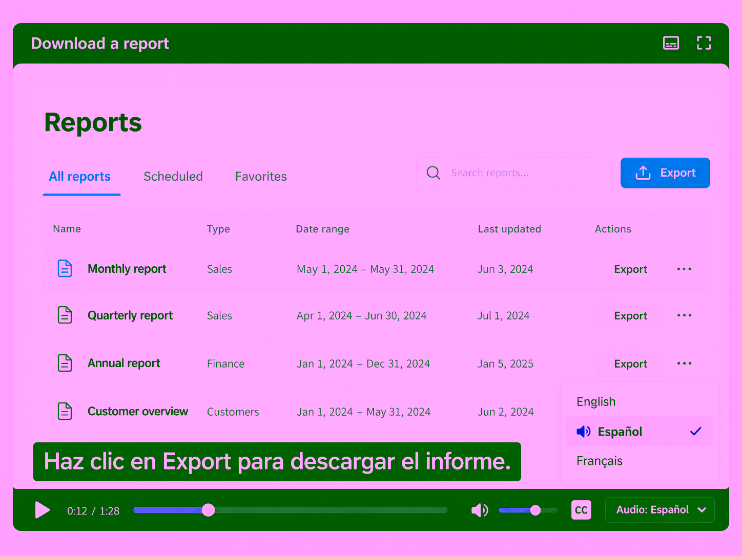A dark video player shows the blue Reports app. Spanish is selected in a language menu immediately above the bottom-right Audio control.