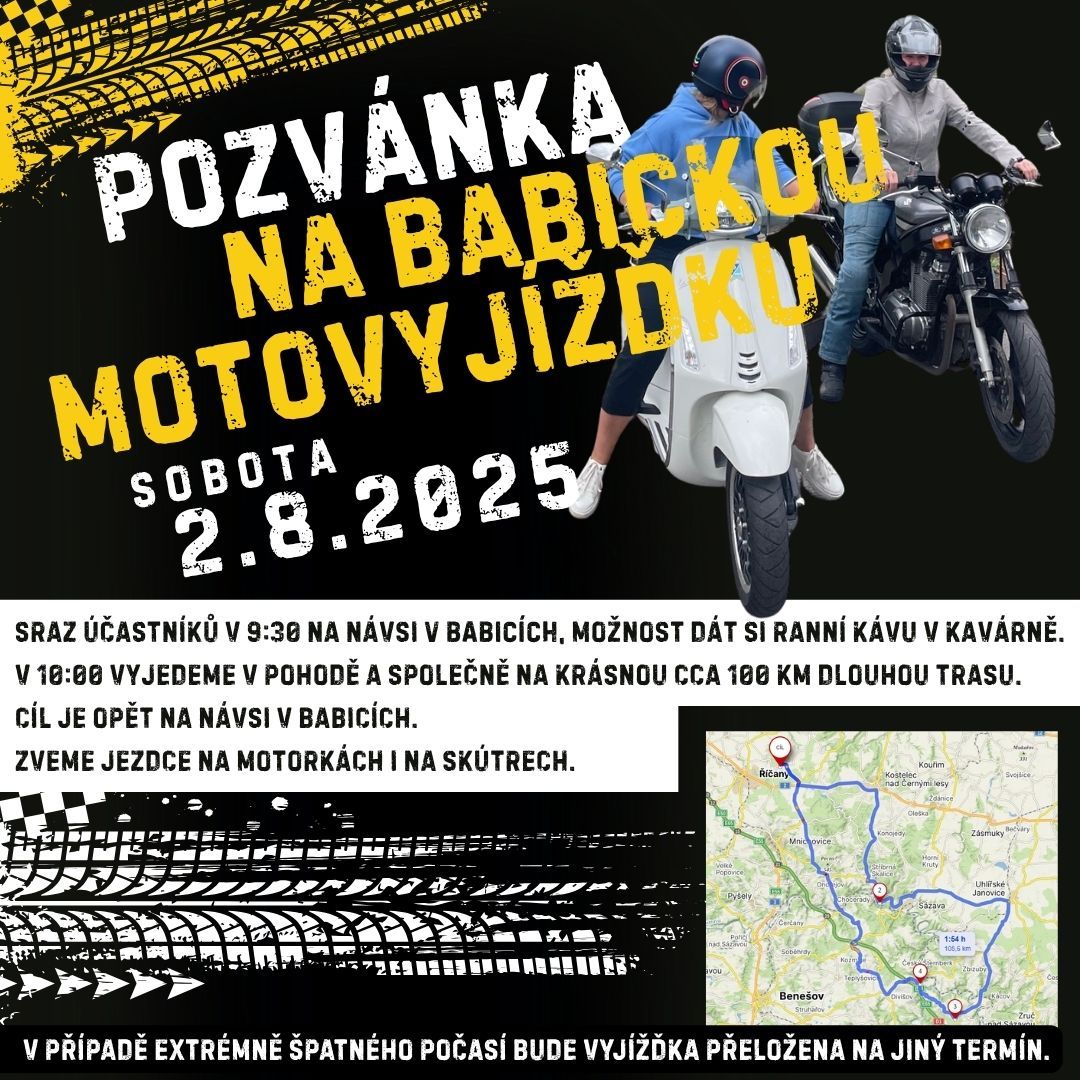 Pozvánka na babickou pohodovou motovyjížďku 2.8.2025