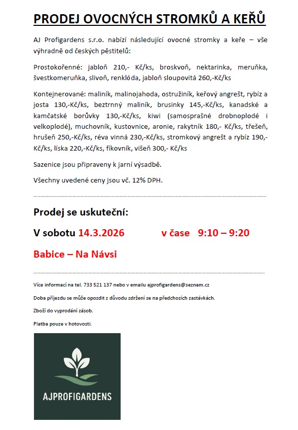 Prodej ovocných stromků 2026