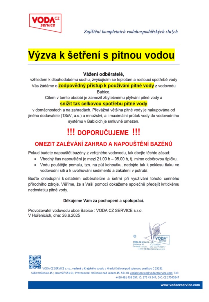Výzva k šetření s pitnou vodou