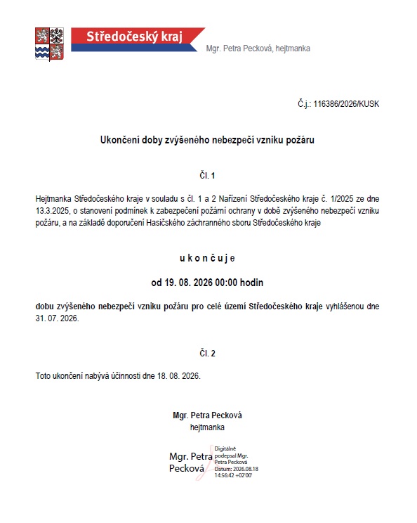 Ukončení doby zvýšeného nebezpečí vzniku požáru