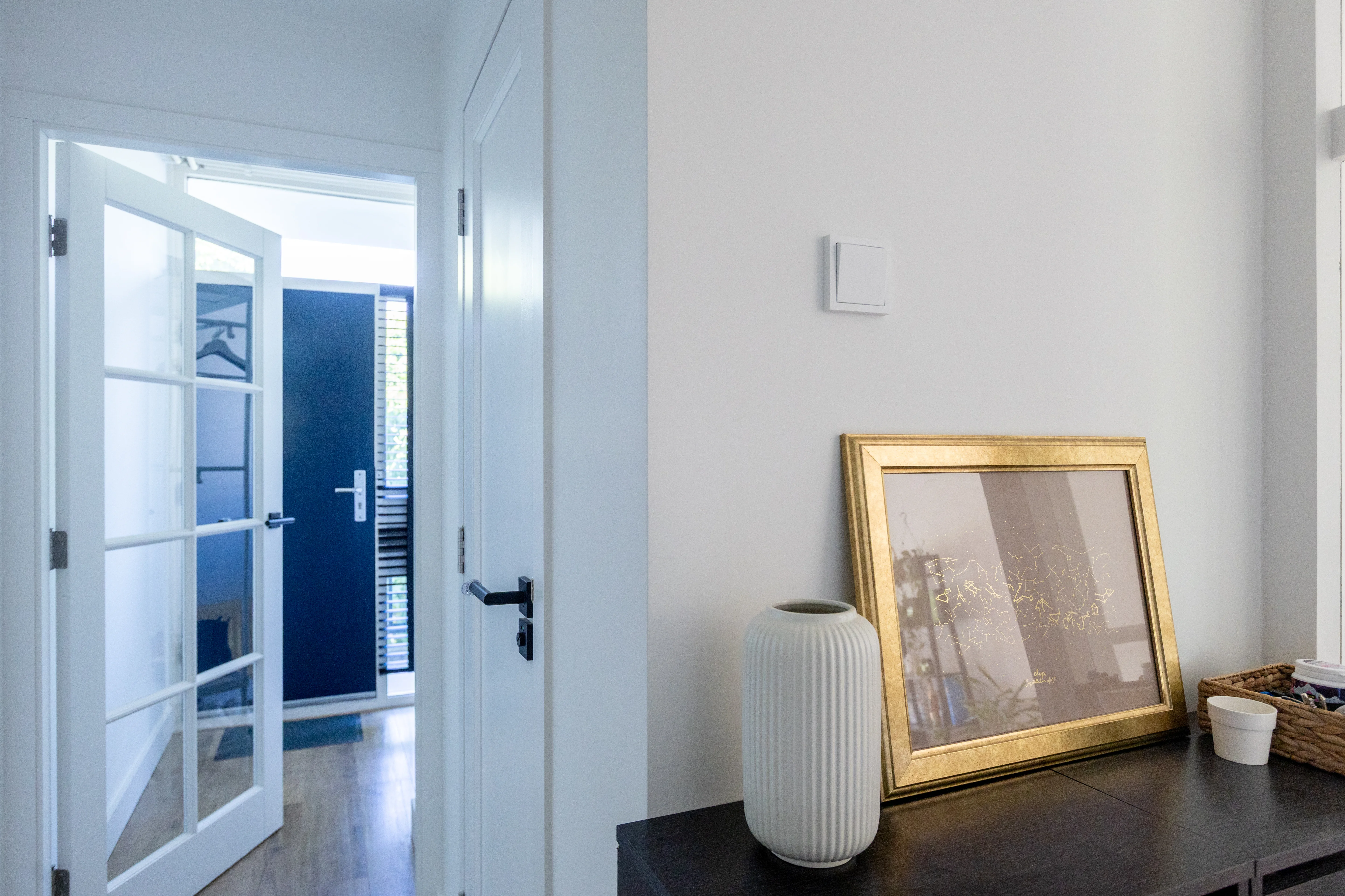Glazen deur naar hal met blauwe voordeur, zwart kastje met vaas en goudkleurige lijst aan witte muur.