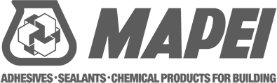 MAPEI-logo met een gestileerde druppelvorm en kubus, met slogan over bouwproducten eronder