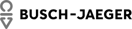 Zwart-wit Busch-Jaeger logo met gestileerde cirkel en driehoeken.