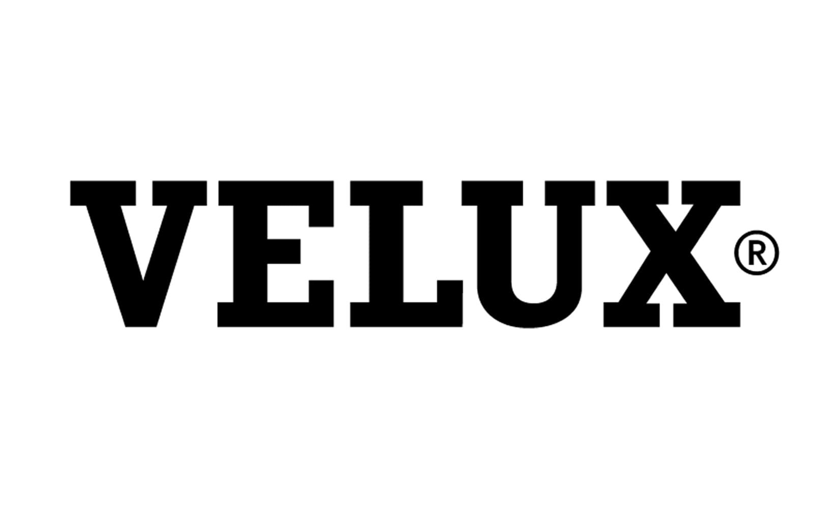 Velux-merknaam in vetgedrukte zwarte letters op een witte achtergrond.