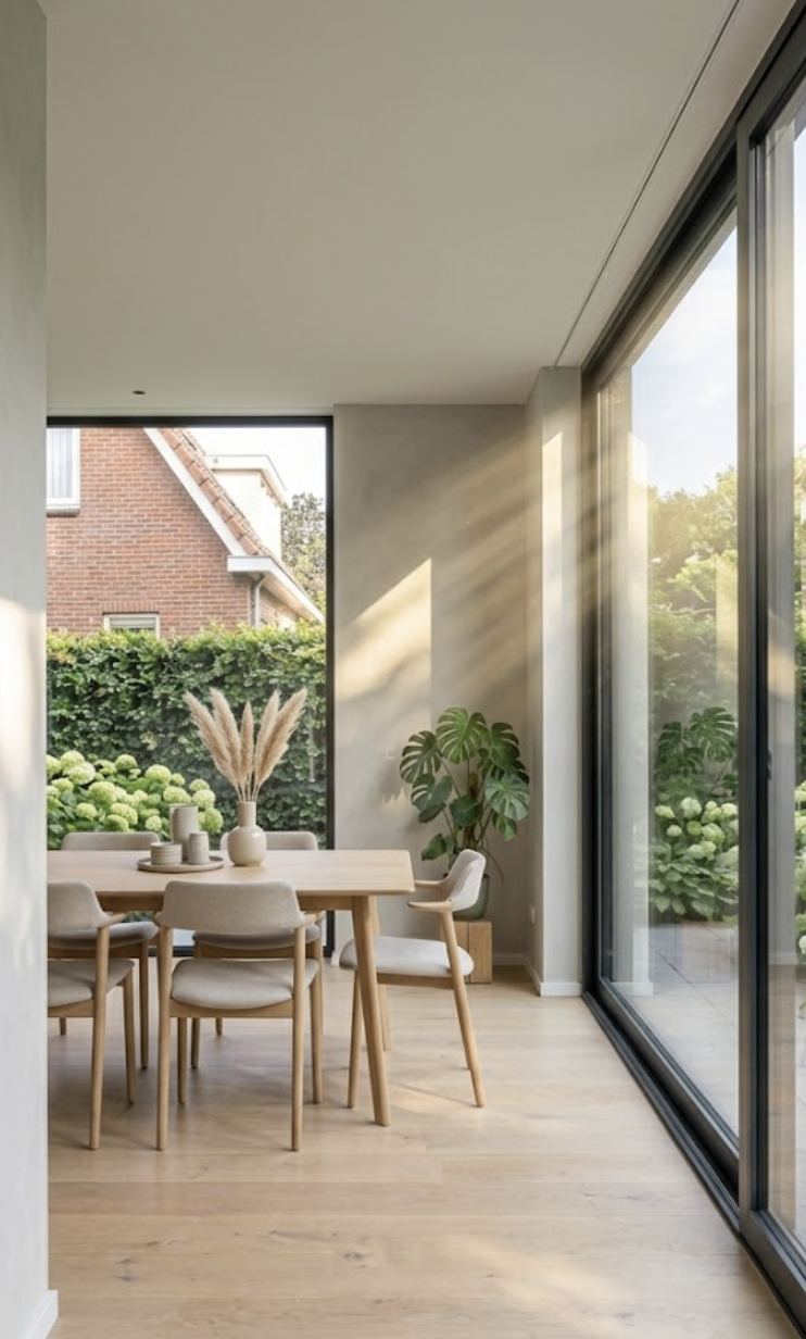 Lichte eetkamer met houten tafel, zes stoelen, planten en grote ramen met uitzicht op tuin.