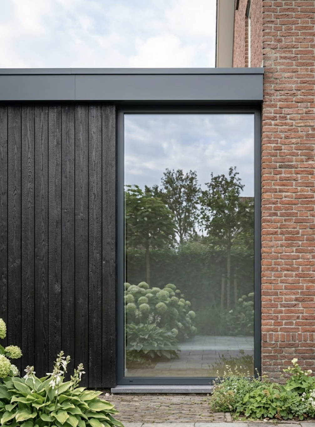 Moderne deur met glas tussen zwarte houten en rode bakstenen muren met planten eromheen.