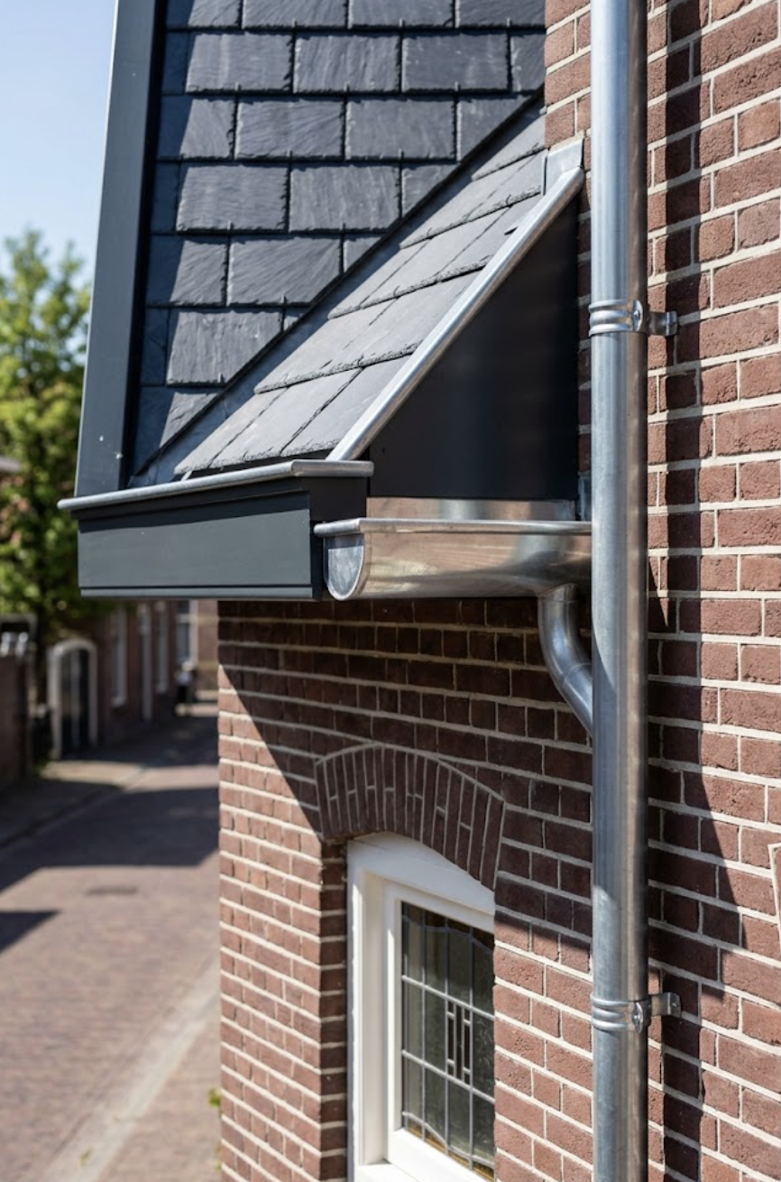 Dak met grijze leisteen bedekking, zilveren regenpijp aan bakstenen gevel met wit raam eronder.