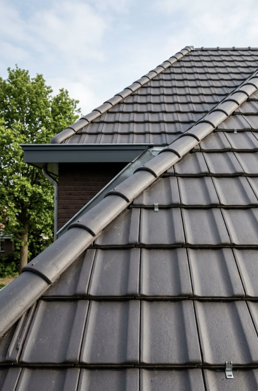 Dak met grijze betonnen dakpannen en een goot naast een bakstenen muur onder blauwe lucht.
