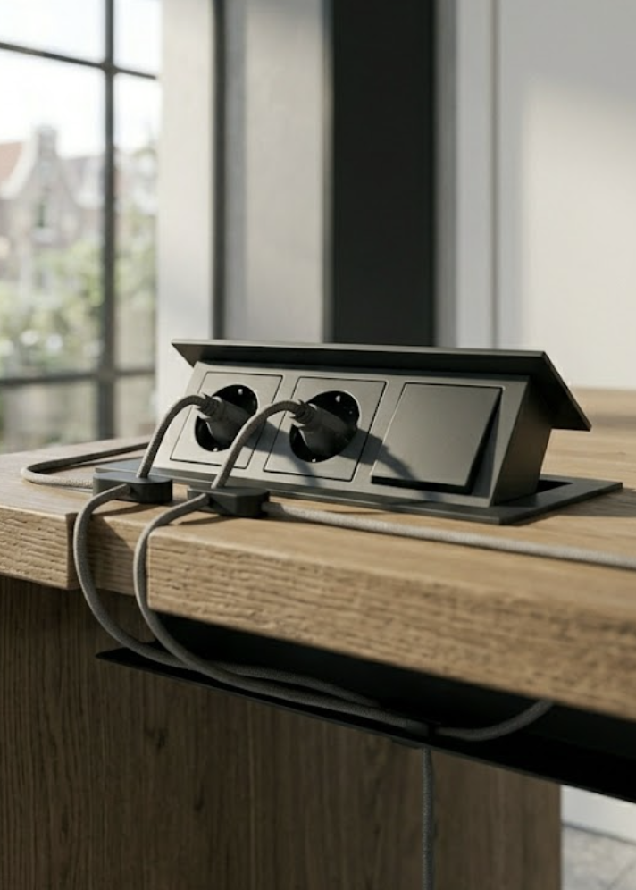 Ingebouwde stopcontacten met twee stekkers in een houten bureau naast een raam.