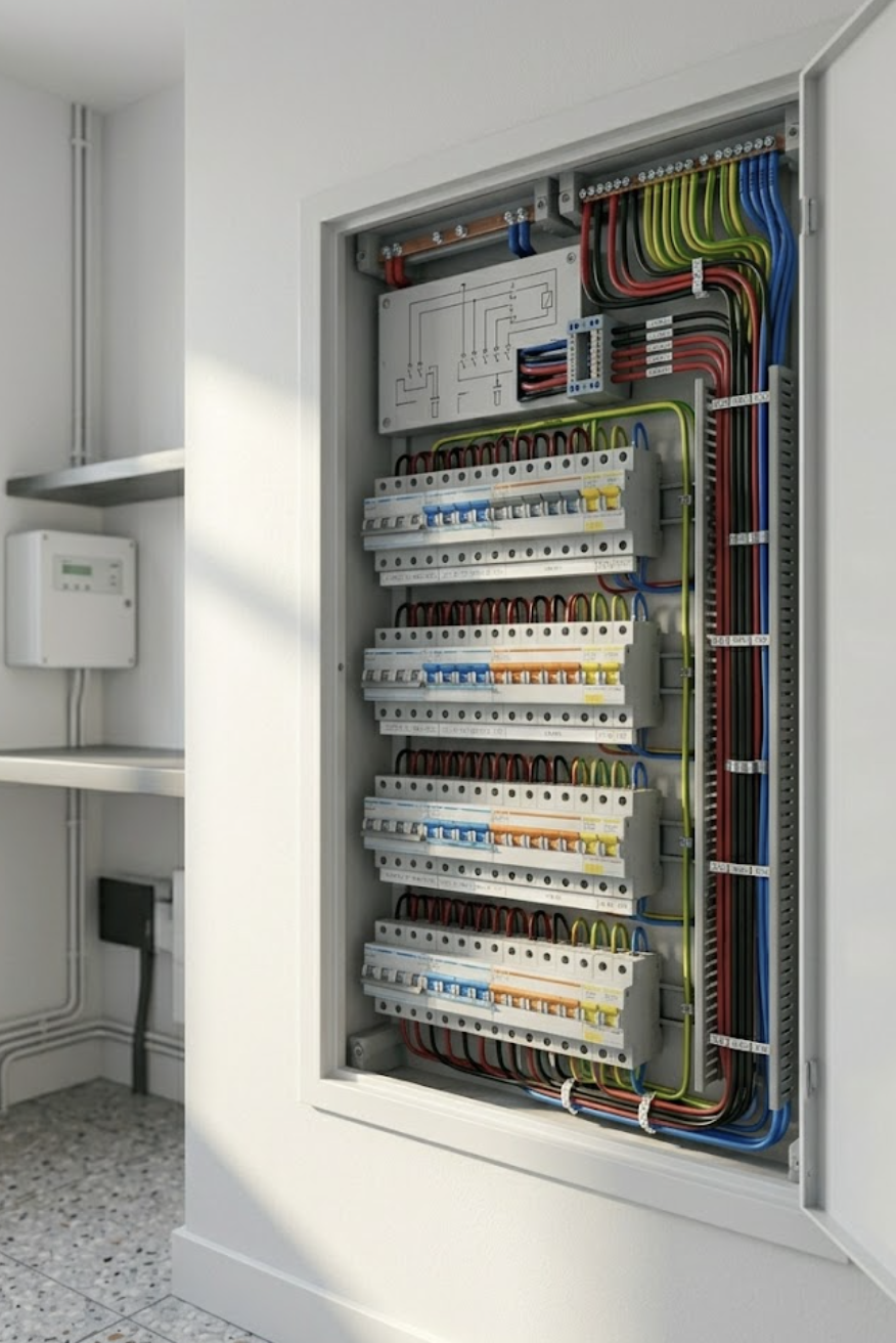 Open elektrische verdeelkast met netjes georganiseerde draden en schakelaars in een witte muur.