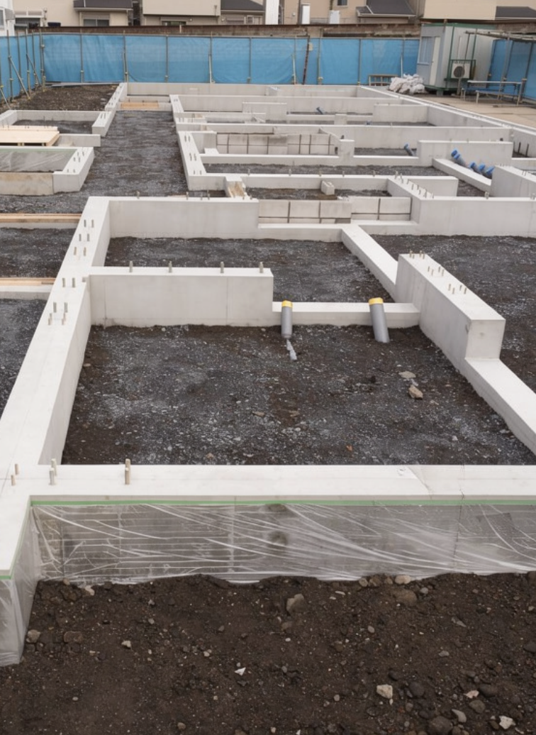 Fundering van een huis in aanbouw met betonnen muren en zichtbare leidingen op een bouwterrein.