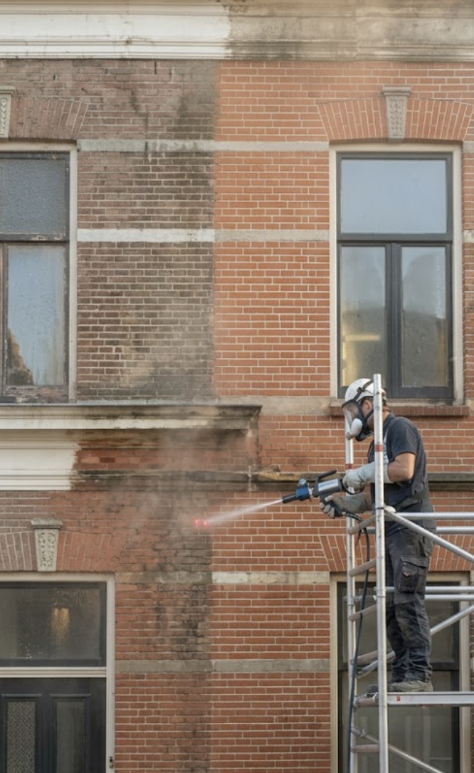 Een man met veiligheidsuitrusting maakt een bakstenen gevel schoon met een hoge drukspuit vanaf een steiger.
