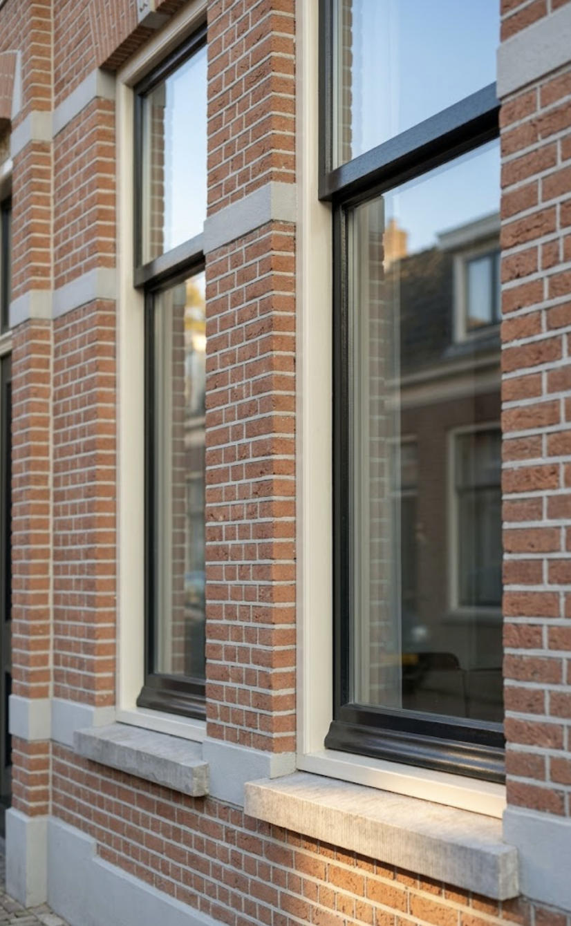Close-up van twee ramen in een bakstenen muur met stenen vensterbanken.