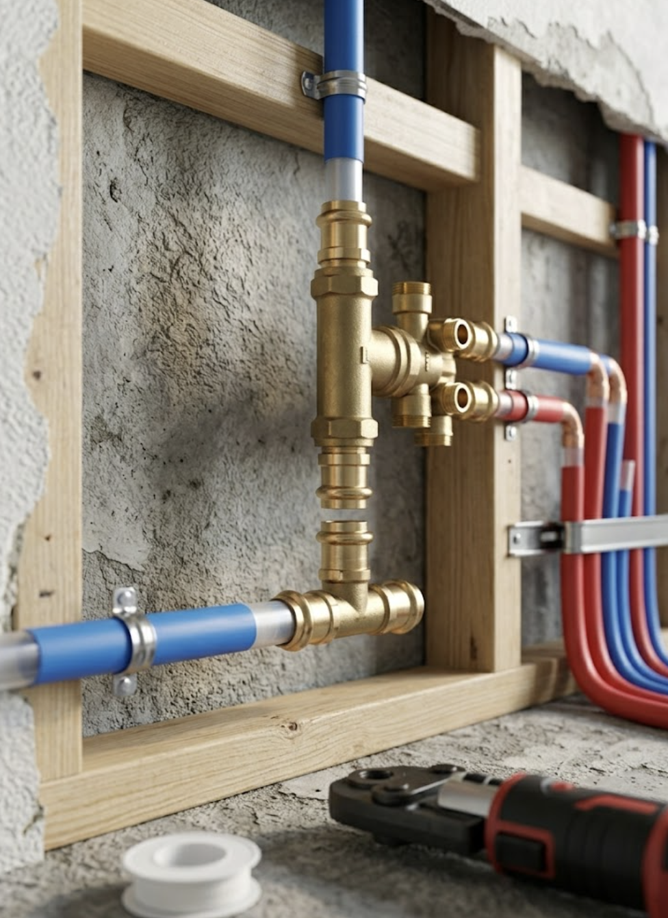 Leidingen met blauwe en rode buizen verbonden aan koperen fittingen op een betonnen muur in houten frame.