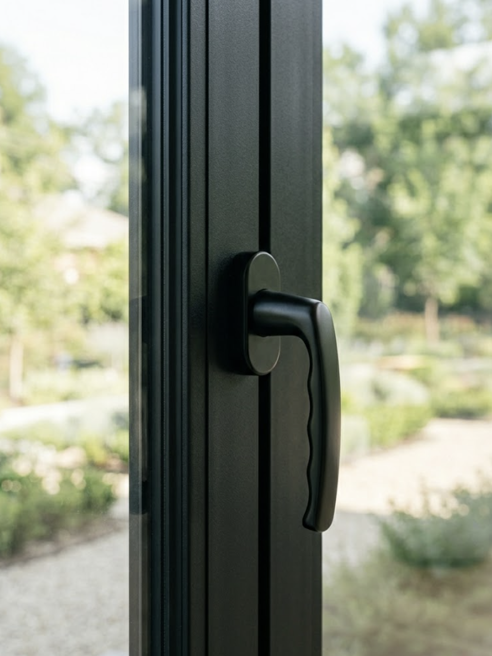 Zwart deurgreep aan een glazen deur met een wazige groene tuin op de achtergrond.