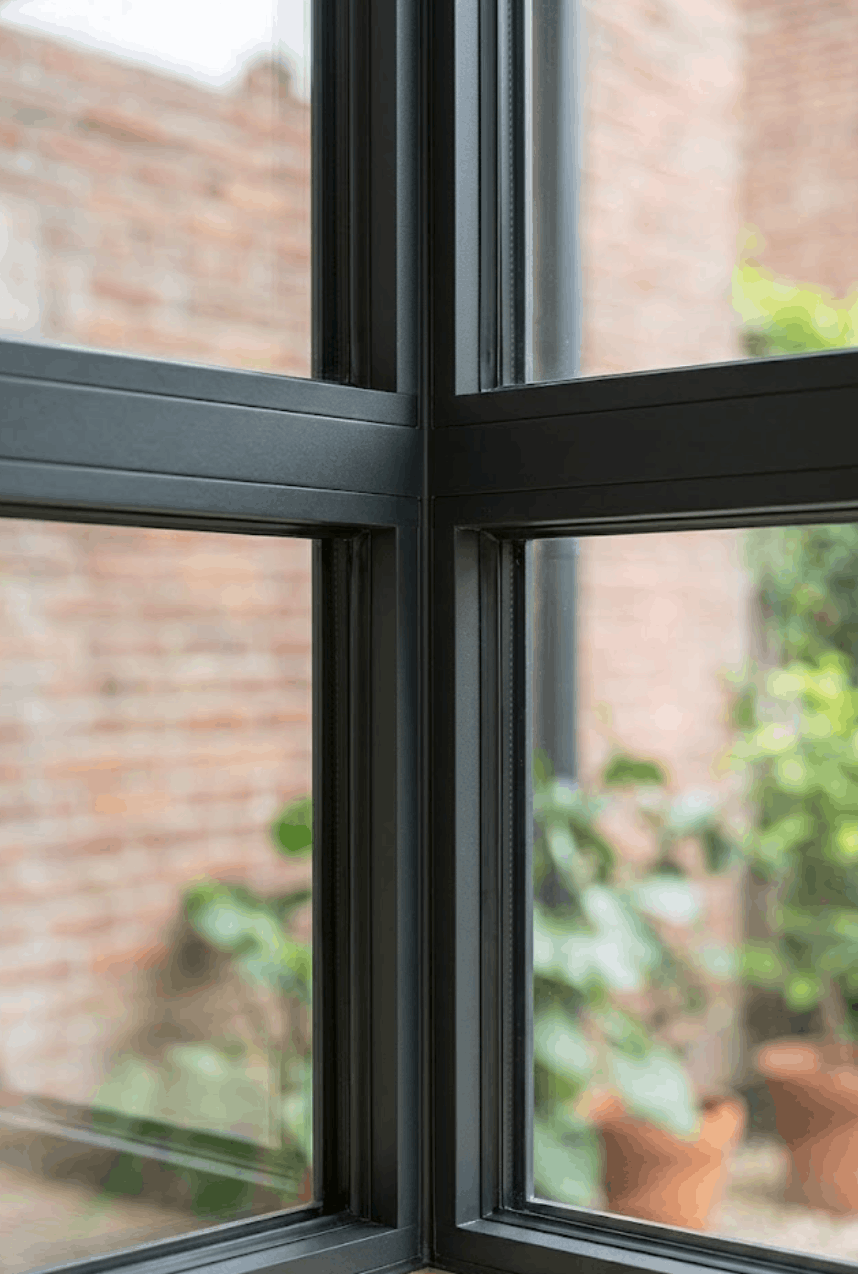 Moderne zwarte raamkozijnen met glas, buiten zicht op bakstenen muur en planten in potten.