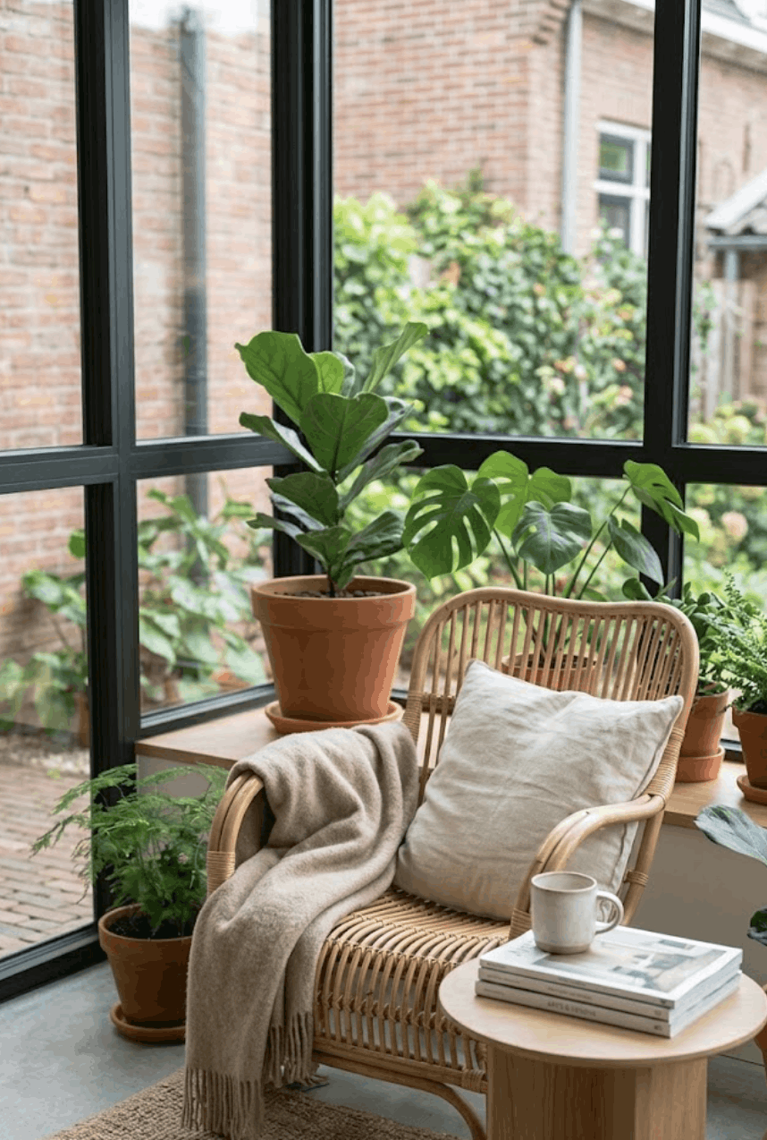 Gezellige stoel met kussen en deken naast tafel met boeken en mok in kamer vol planten.