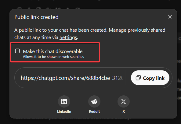 ChatGPT "public link created" section