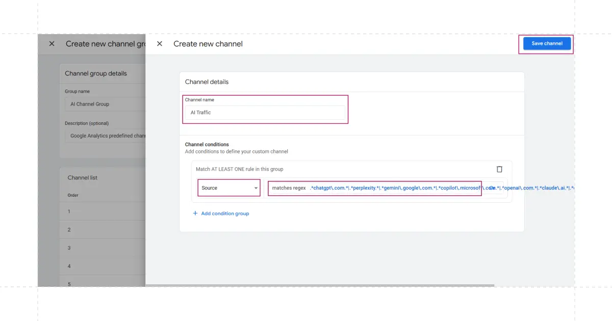 Google Analytics "Create new channel" interface