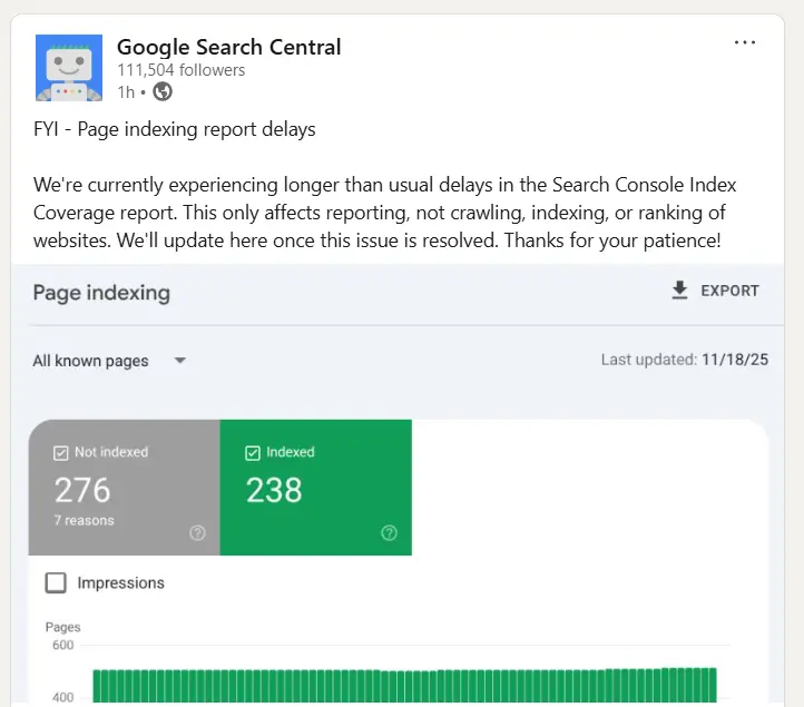 page indexing report delays in google search console