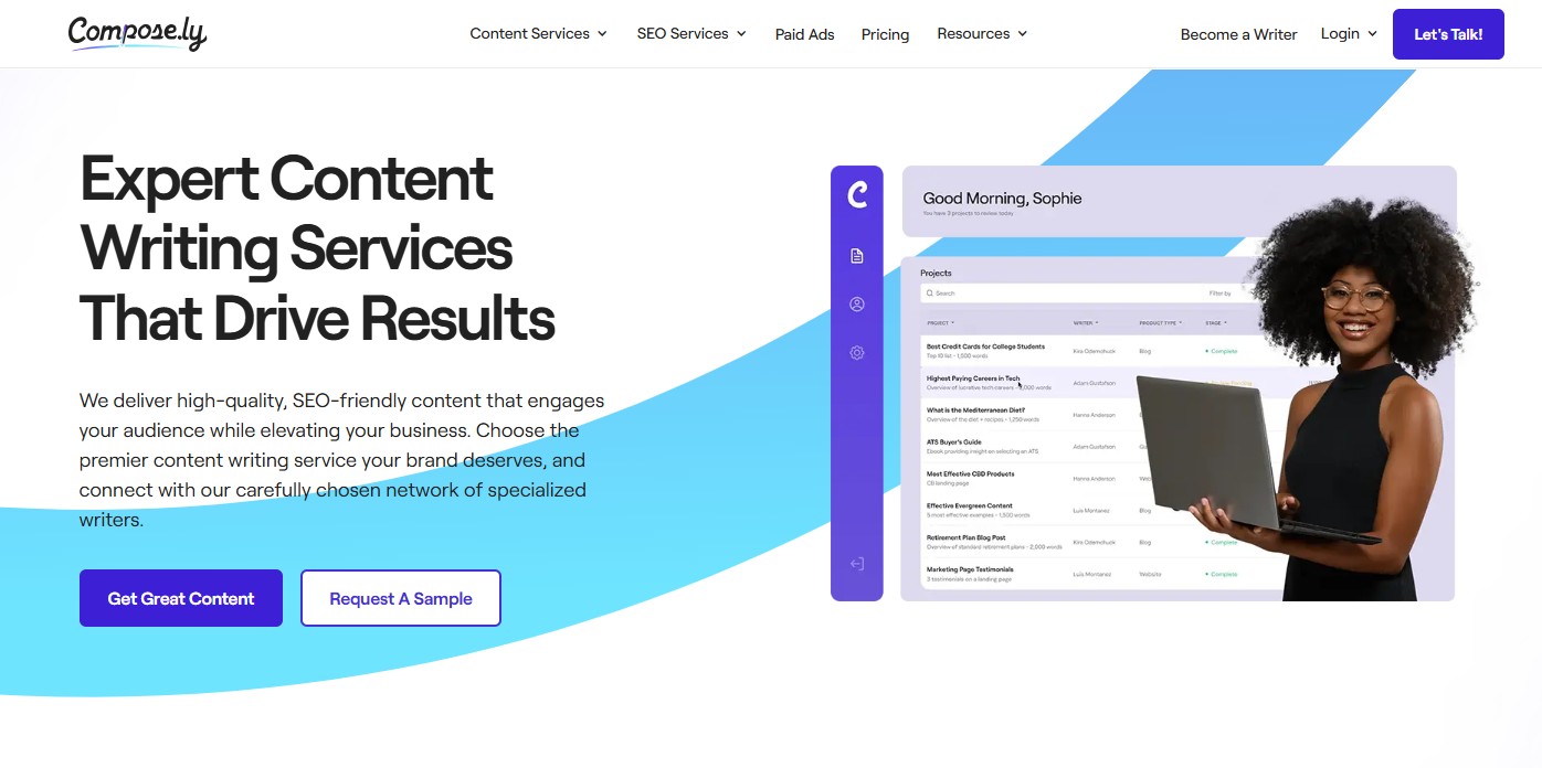 Compose.ly Content Writing homepage