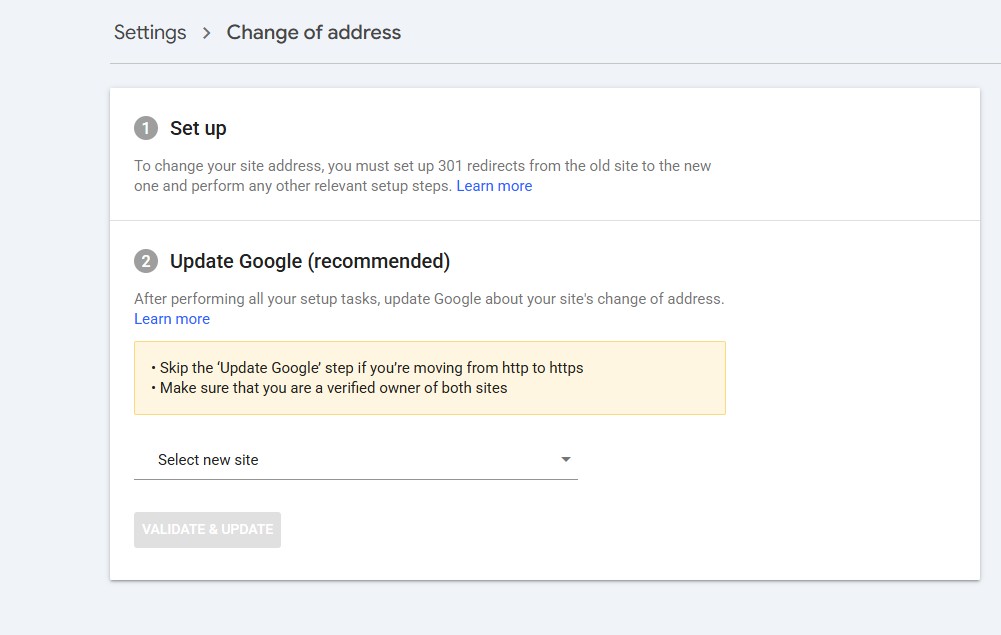 Google Search Console Change of Address view