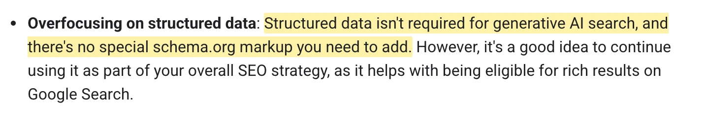 Screenshot of Google's guide to optimizing for generative AI features, with the line saying structured data isn't required for generative AI search and no special schema.org markup is needed highlighted.