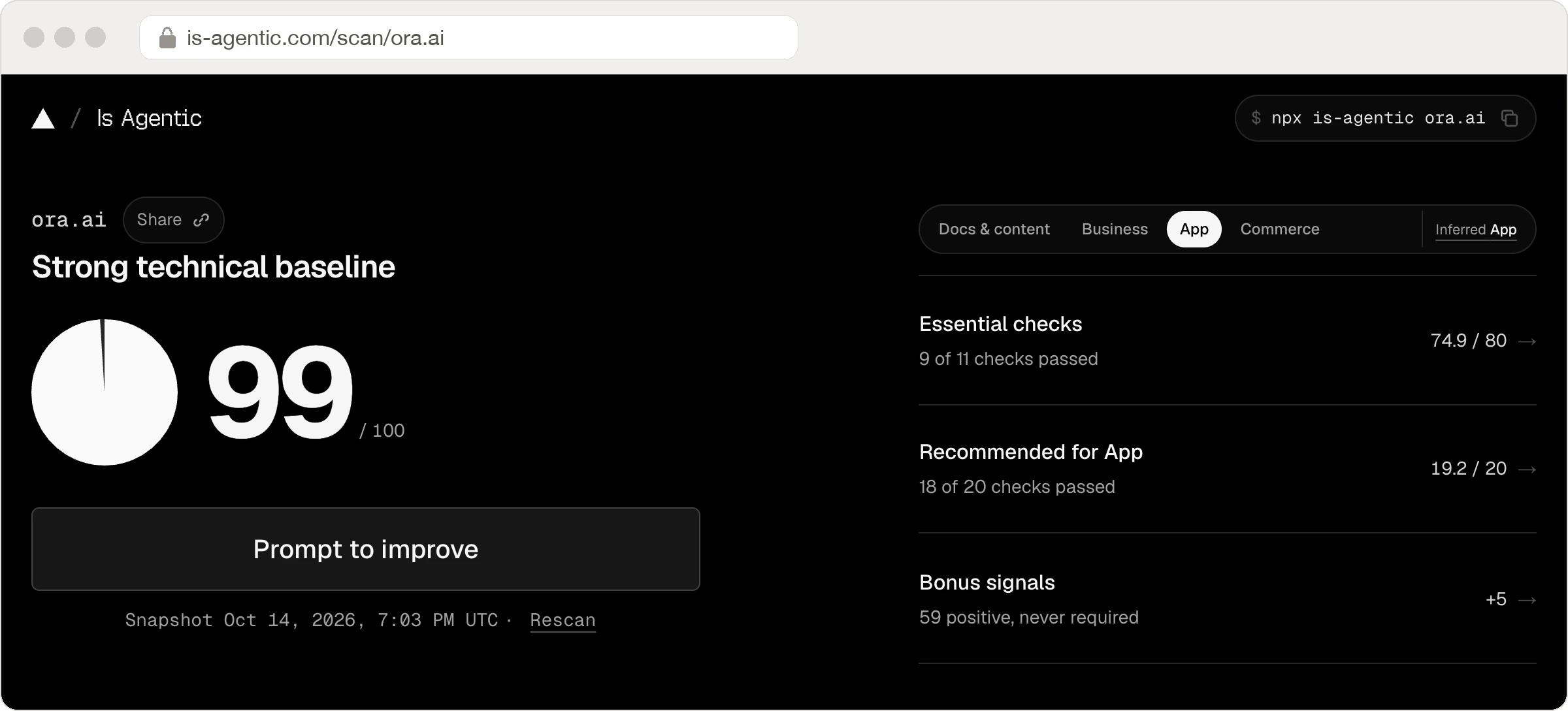 Screenshot of the Is Agentic report for ora.ai: a score of 99 out of 100, Strong technical baseline, with essential checks 74.9 of 80, recommended checks 19.2 of 20 and five bonus points.