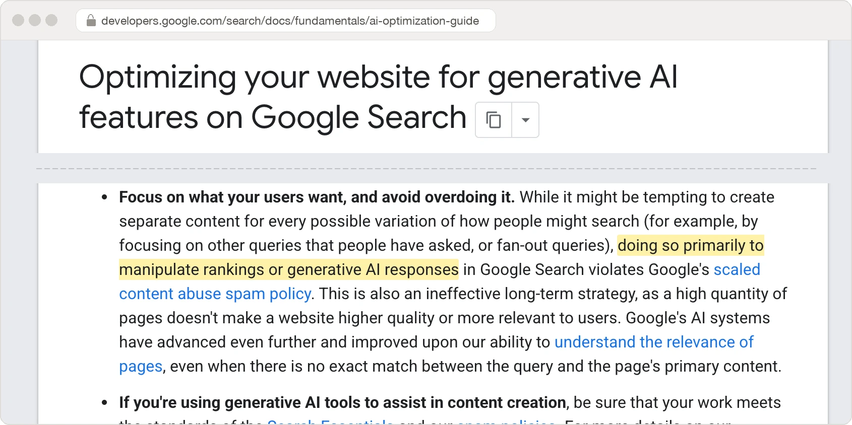 Screenshot of Google's guide to optimizing for generative AI features, with the passage highlighted that creating separate content for every variation or fan-out query primarily to manipulate rankings or generative AI responses violates the scaled content abuse spam policy.
