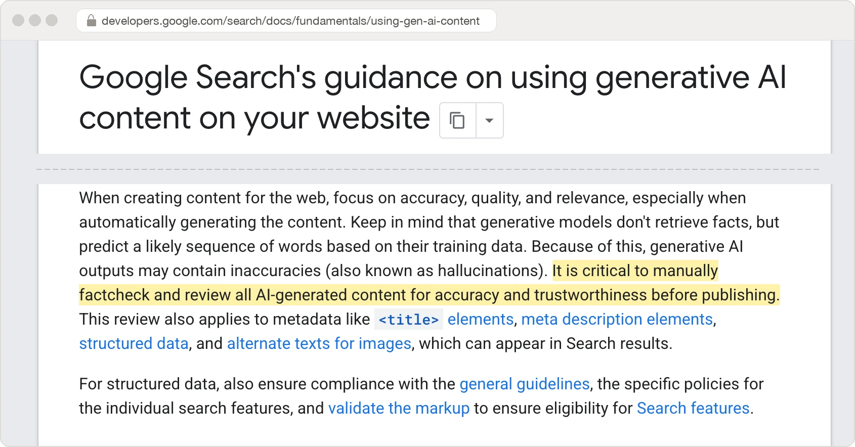 Screenshot of Google Search Central's guidance on using generative AI content, with the sentence added on 1 October 2026 highlighted: it is critical to manually factcheck and review all AI-generated content for accuracy and trustworthiness before publishing, followed by the line that the review also applies to metadata.