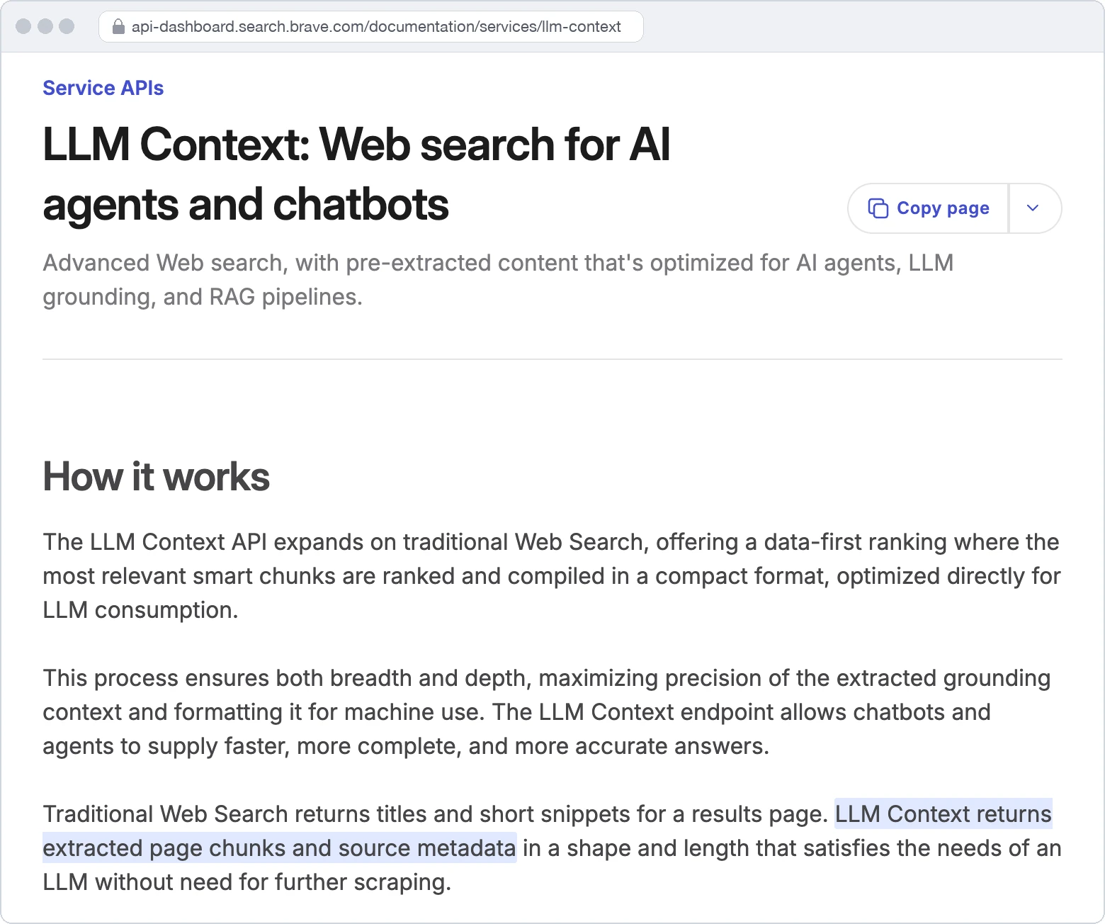 Screenshot of Brave Search API's documentation page LLM Context: Web search for AI agents and chatbots, showing the How it works section with one line highlighted, LLM Context returns extracted page chunks and source metadata.