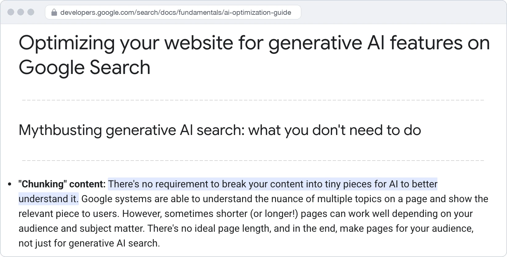 Screenshot of Google Search Central's guide to optimizing for generative AI features on Google Search: the title, the Mythbusting heading and the Chunking content entry, with its first line highlighted, saying there is no requirement to break content into tiny pieces for AI to understand it, followed by Google's note that its systems show the relevant piece of a page and that there is no ideal page length.