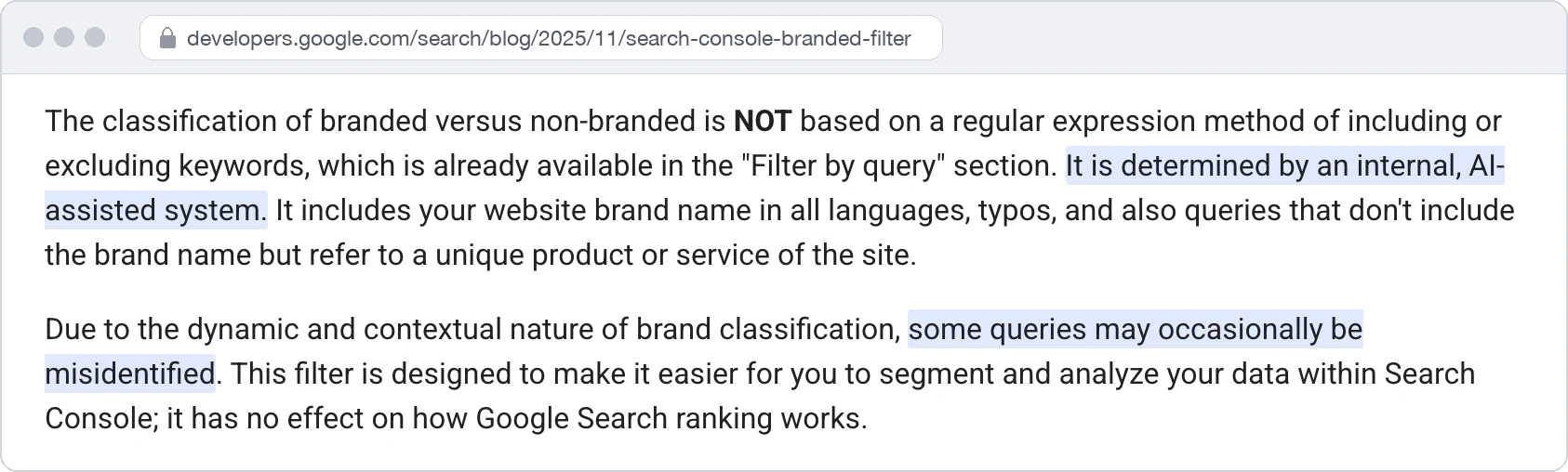Screenshot of Google Search Central's post on the Search Console branded queries filter, with two phrases highlighted: the classification is determined by an internal, AI-assisted system, not a regular expression, and some queries may occasionally be misidentified.