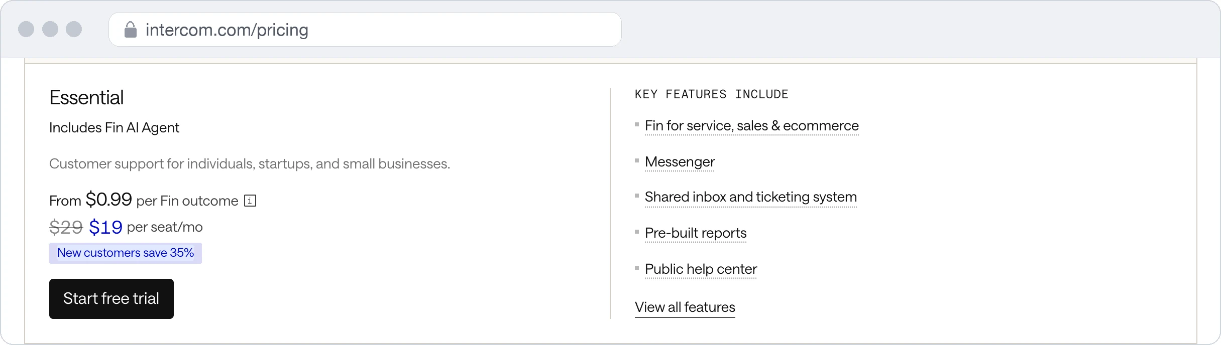 Screenshot of Intercom's pricing page on 20 October 2026: the Essential plan, from $0.99 per Fin outcome, $29 struck through beside $19 per seat a month, and the highlighted badge New customers save 35%.