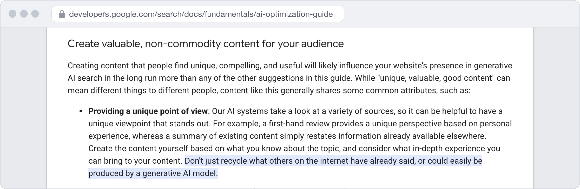Screenshot of Google Search Central's guide to optimizing for generative AI features, section Create valuable, non-commodity content, with the highlighted sentence telling publishers not to recycle what others on the internet have already said or what a generative AI model could easily produce.
