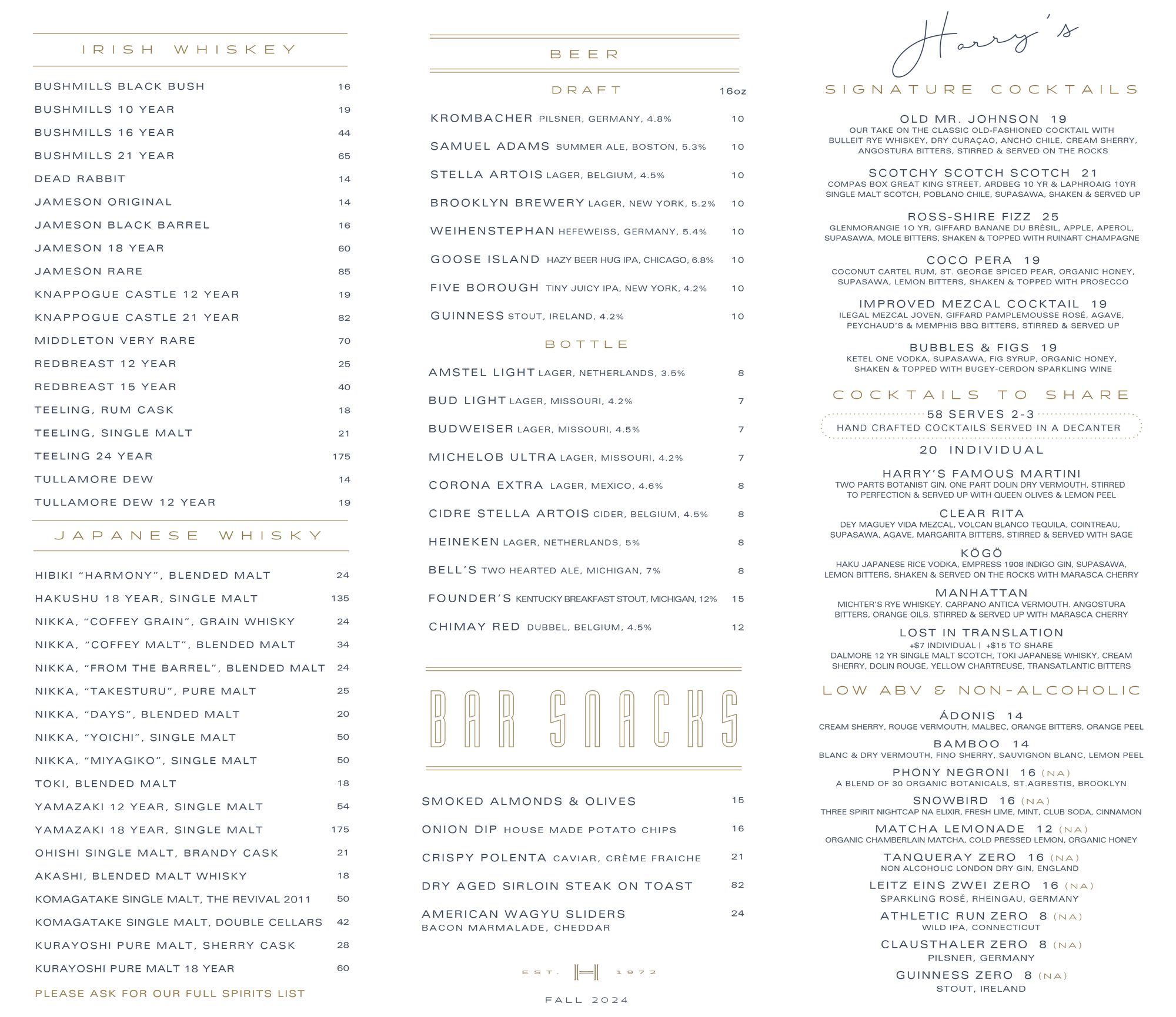 Harry's Bar & Restaurant | New York City Menu