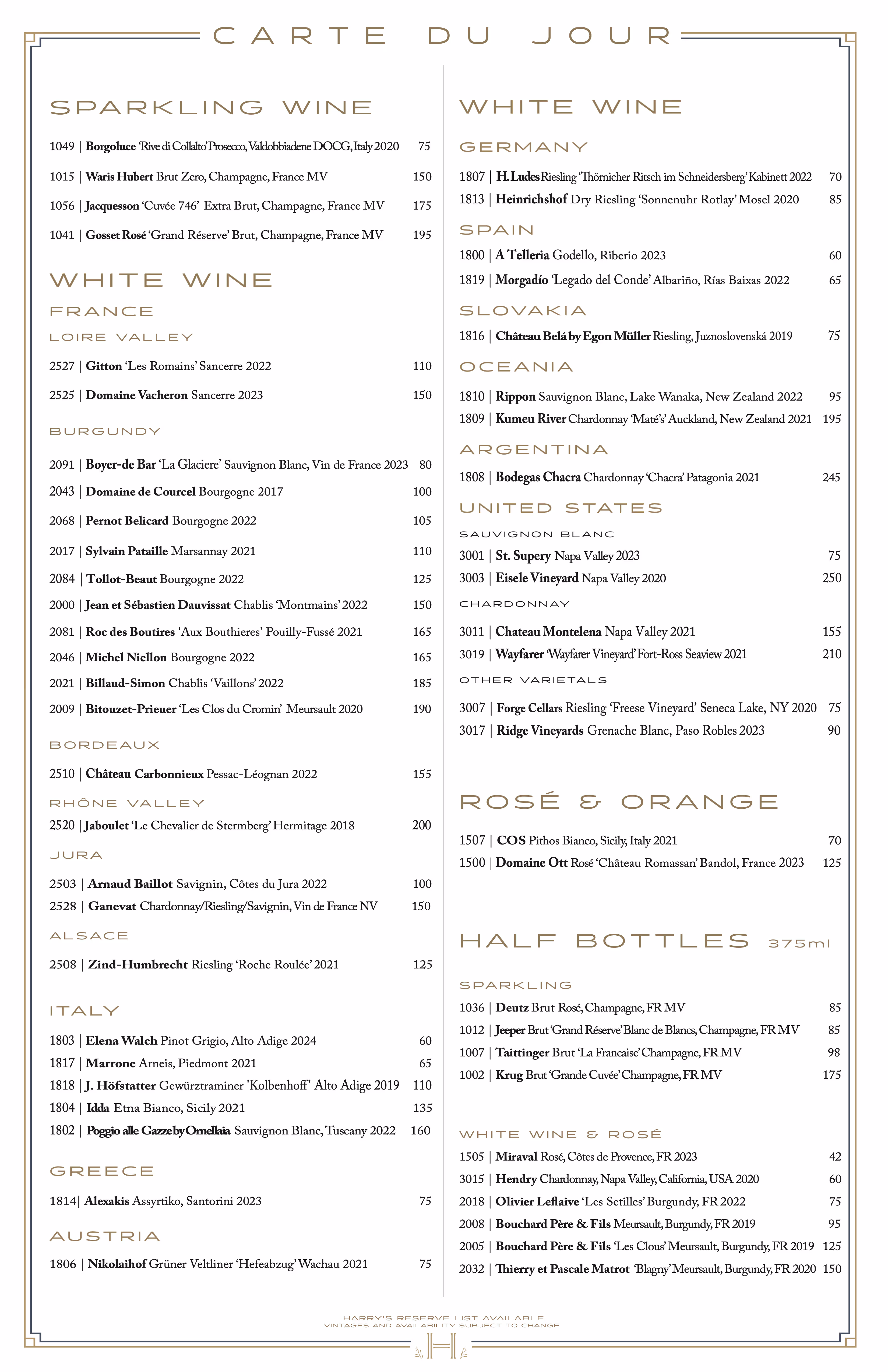 Harry's Reserve Wine List for West Palm Beach
