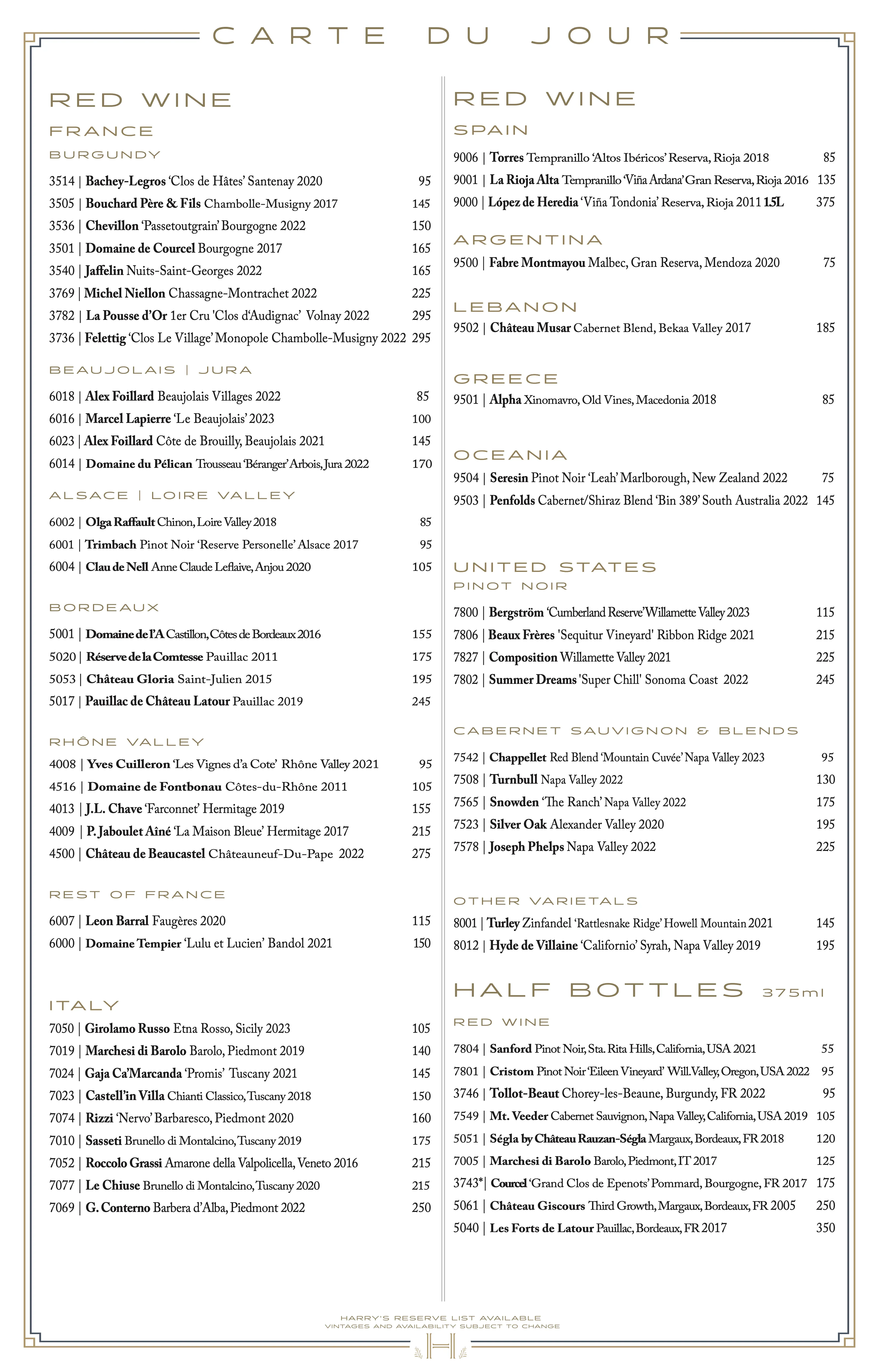Harry's Reserve Wine List for West Palm Beach