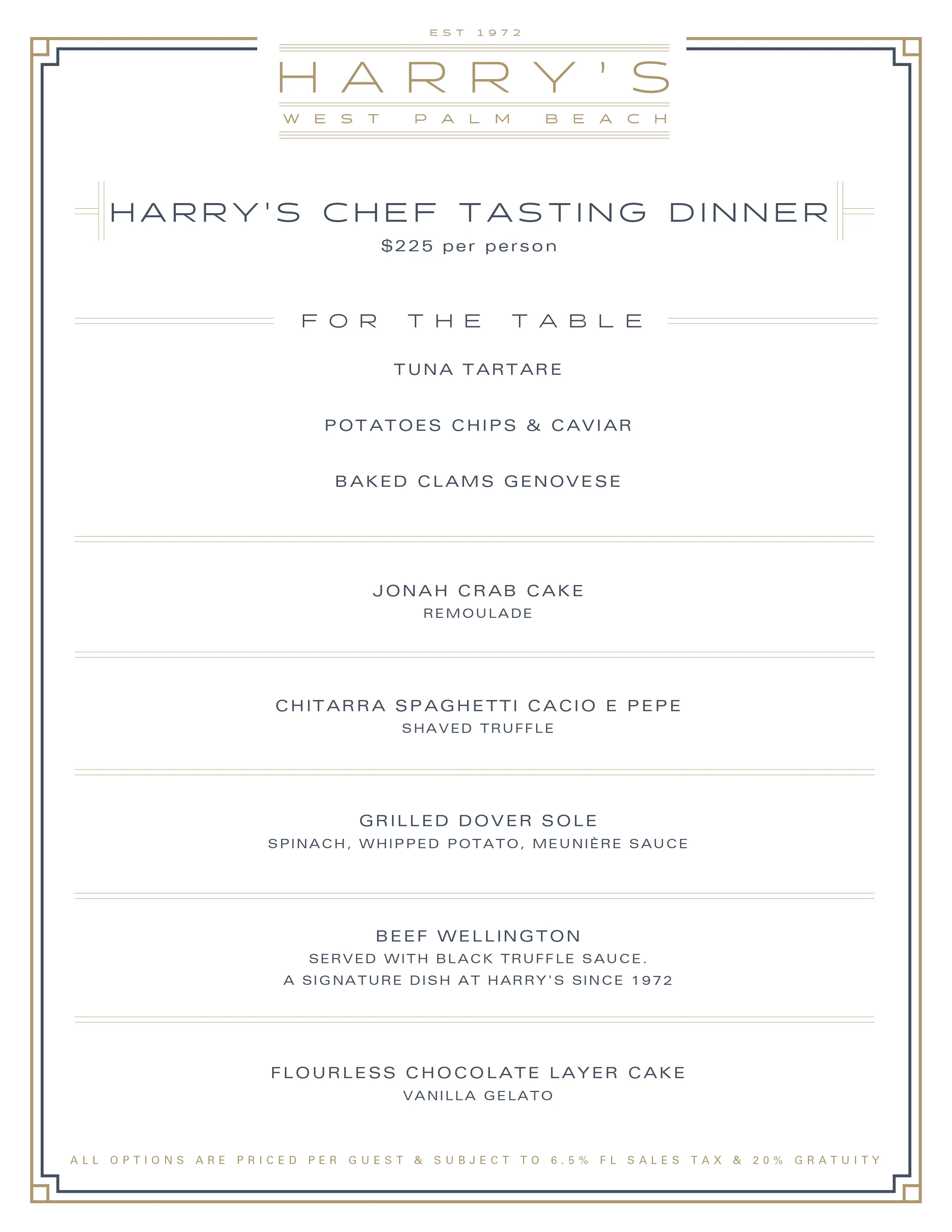 Harry's West Palm Beach Chef Tasting Dinner group menu at $225 per person: tuna tartare, caviar chips, baked clams, crab cake, cacio e pepe, Dover sole, Beef Wellington, and chocolate cake.