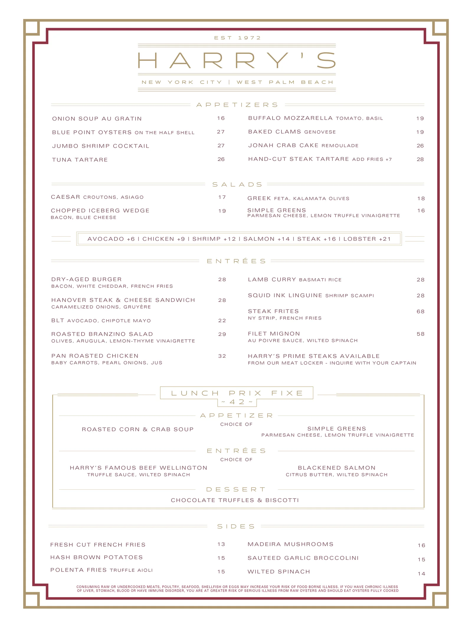 Harry’s restaurant menu featuring appetizers like onion soup and jumbo shrimp cocktail, salads with various toppings, entrées including dry-aged burger and lamb curry, a $42 lunch prix fixe with soup or greens, main course options, dessert, and sides such as french fries and sautéed broccoli.